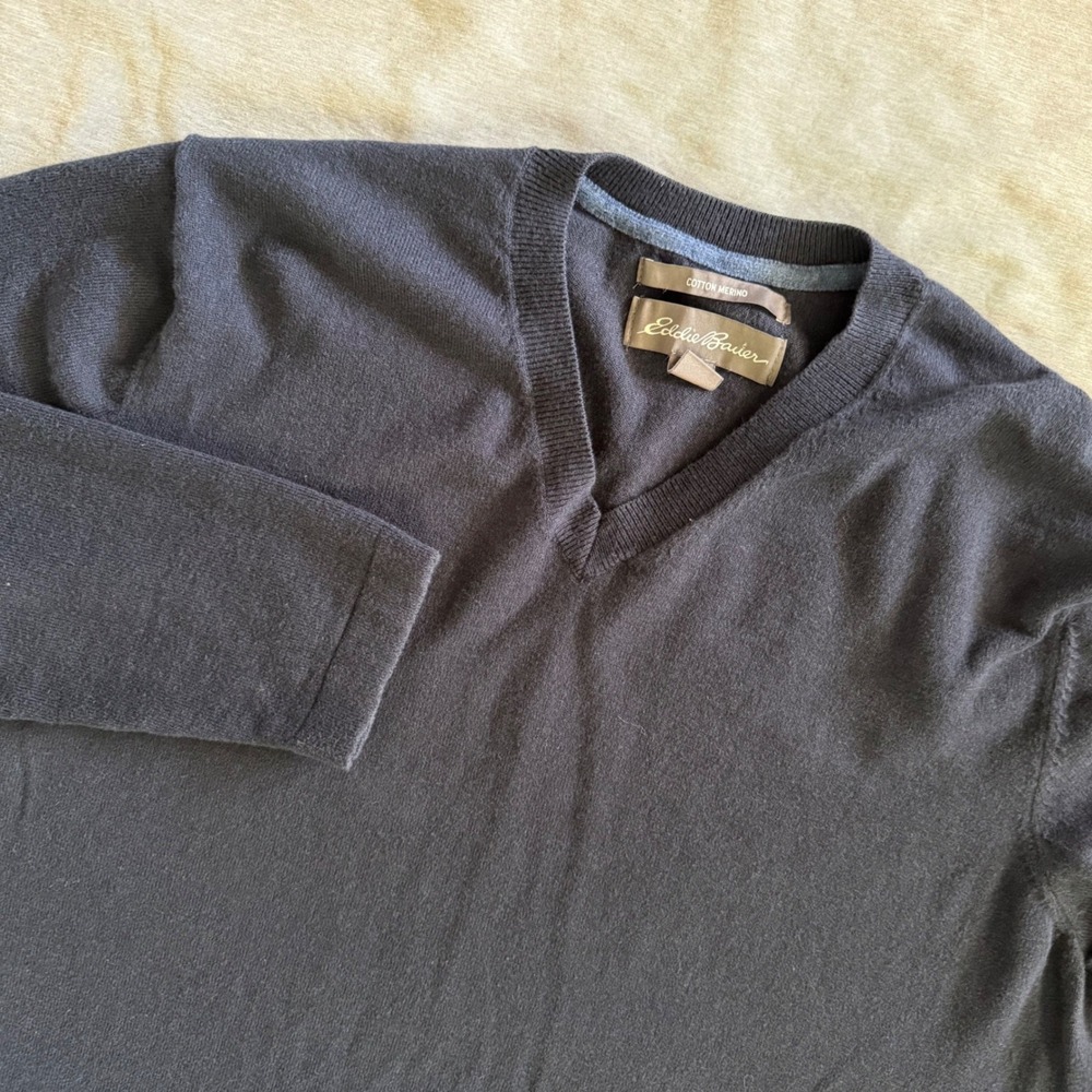 Eddie Bauer Sweater Cotton Merino Wool V-Neck Casual Navy Blue Size L